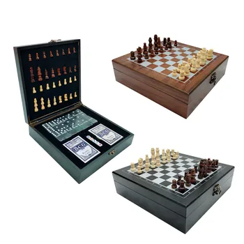 Набор деревянных шахмат 4 в 1, портативная игра в шахматы, покер, кости для домино, шахматная игра, Деревянные шахматные фигуры, семейная настольная игра