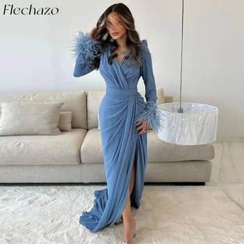 Вечерние платья из шифона Flechazo с перьями, V-образный вырез, боковой разрез, вечерние платья для женщин 2024 vestidos de fiesta