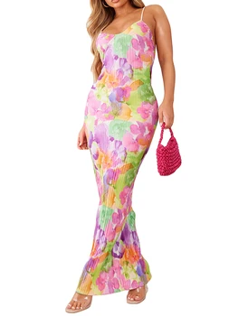Женское платье Макси на тонких бретельках с цветочным рисунком, без рукавов, с открытой спиной, облегающее длинное платье с V-образным вырезом, Летнее коктейльное платье