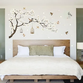 Наклейки на стену в виде дерева Большого размера, Птицы, Цветы, Домашний Декор, Обои для гостиной, спальни, Виниловые украшения своими руками