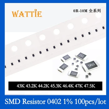 SMD резистор 0402 1% 43K 43.2K 44.2K 45.3K 46.4K 47K 47.5K 100 шт./лот микросхемные резисторы 1/16 Вт 1.0 мм* 0.5 мм