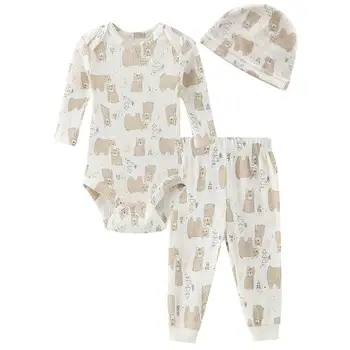 Kiddiezoom/ модные весенне-осенние хлопковые комплекты одежды унисекс для новорожденных, боди для маленьких мальчиков и девочек + штаны + шапочки, одежда для младенцев