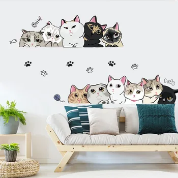 Креативные наклейки на стену с милыми кошками для детской комнаты, декор спальни, художественные обои, мультяшный котенок, украшение дома для гостиной
