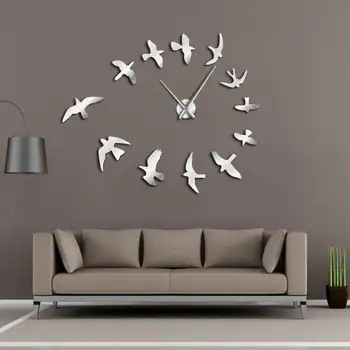 Декоративные зеркальные настенные часы с летающими птицами, настенные часы современного дизайна, роскошные бескаркасные Большие часы 