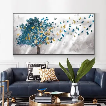 Скандинавское голубое дерево Бабочка Холст Картина Настенное искусство Печать плакатов Настенные панно для гостиной Современное украшение стен дома