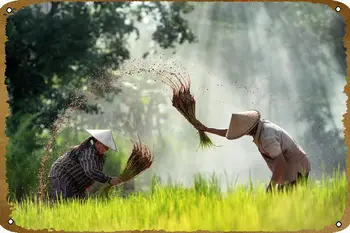 Тайский фермер на рисовом поле Анимационные персонажи Металлические жестяные знаки Винтажный декор стен Ретро-арт Жестяная вывеска Забавные украшения