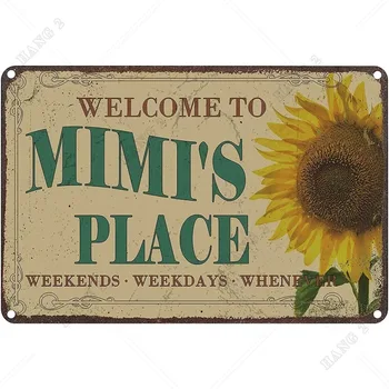 Приветственная вывеска для парадного крыльца - Добро пожаловать в Mimi's Place, Винтажные жестяные вывески, декор стен в виде подсолнуха для дома