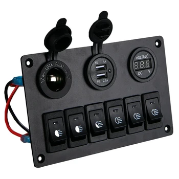 Панель переключателя на 6 групп со светодиодным цифровым вольтметром 12V-24V, зарядное устройство с двумя USB-разъемами для прикуривателя для грузовика RV, лодки, внедорожника