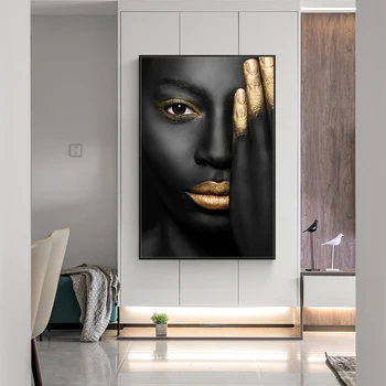 Золотые сексуальные губы, портрет женщины с черной кожей, холст, живопись, плакаты и принты, настенная художественная картина Куадроса для декора гостиной