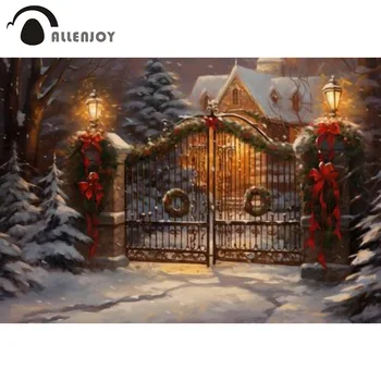 Allenjoy Фон для фотосъемки в снежную Рождественскую ночь Ворота, украшенные Рождественскими венками Баннер Фон зимней сцены