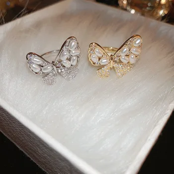 Новое южнокорейское изысканное открывающее кольцо с жемчугом-бабочкой, милое модное простое темпераментное кольцо, женские ювелирные изделия