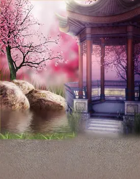 5x7 футов Розовые цветы Дерево Китайский традиционный павильон Фотофоны Реквизит для фотосъемки Студийный фон