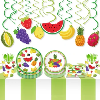 Гавайская фруктовая вечеринка Одноразовая посуда Тарелки с арбузом, ананасом, виноградом, салфетки, декоры для детского дня рождения с фруктами Happy Summer