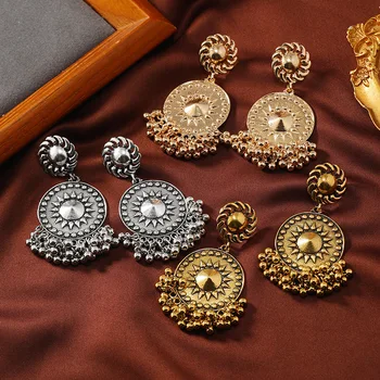 Индийские серьги Джумка для женщин Винтажного золотистого, серебряного цвета, Металлические серьги-подвески с геометрическим рисунком Солнца, подарок для этнической танцевальной вечеринки