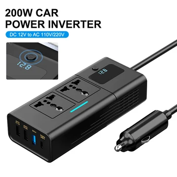 Автомобильный инвертор мощностью 200 Вт от постоянного тока 12 В до переменного 220 В, модифицированный синусоидальный инверторный адаптер с 4 портами USB, ЖК-дисплей для быстрой зарядки PD