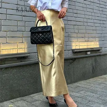 KAAAZI Элегантная модная женская длинная юбка в стиле пэчворк из искусственной кожи, офисные дамы, тонкая новая однотонная юбка в обтяжку, уличная одежда
