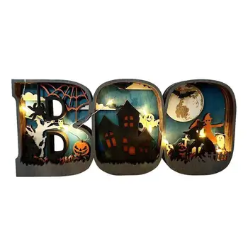 Boo Sign Хэллоуин Деревянные Полые Буквы Boo Sign LED Light Декоративная Жуткая Столешница Центральные Элементы Для Декора Хэллоуина