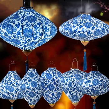 Подвесной фонарь в китайском стиле 12/14 дюймов, сине-белый фарфор, Новогодняя вечеринка, Уличный декоративный фонарь для фестиваля