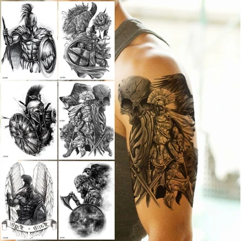Временные татуировки Черного черепа-воина для мужчин и мальчиков, реалистичный Крылатый лев, Спартанская поддельная татуировка, наклейка на руку, тату на тело, паста