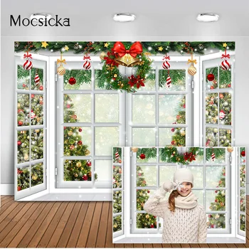 Зимние окна Фон для фотосъемки со снежной сосной Венок Рождественская елка Украшения для праздничной вечеринки Детский портрет новорожденного