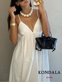 KONDALA Шикарное однотонное Белое сексуальное женское длинное платье трапециевидной формы на бретелях, мода 2023, летняя вечеринка, без спинки, без бретелек, Элегантное платье