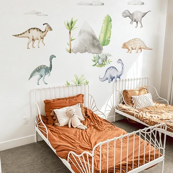 Очистите и приклейте акварельные наклейки на стену с динозавром, художественные красочные наклейки на стены с динозаврами для детской комнаты, детской классной комнаты, украшения своими руками