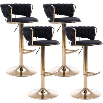 Бархатные Поворотные Барные стулья Kiztir 360 °, Набор из 4 Стульев с Регулируемой высотой стойки, Плетеной Спинкой и подставкой для ног, Роскошное Золото 