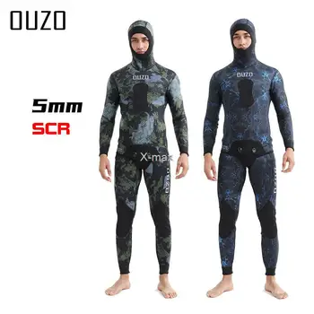 Гидрокостюм 5 мм камуфляжный с длинным рукавом с капюшоном из 2 частей неопрена для подводного плавания Для мужчин, сохраняющий тепло, костюм для подводного плавания