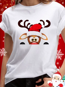 Зимний сезон 2022 Рождество, Новый год, футболка с рождественским принтом с коротким рукавом, футболка с рождественским принтом лося, женская мода Harajuku