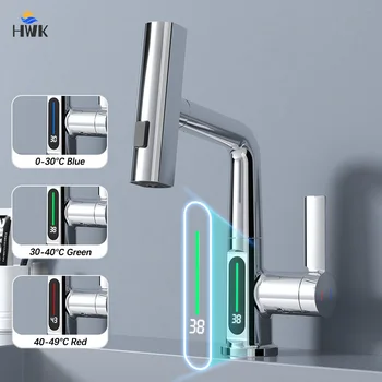 Выдвижной светодиодный цифровой дисплей с водопадом, кран для ванной комнаты, Трехрежимный смеситель для раковины, установленный на бортике, Смесители для холодной и горячей воды