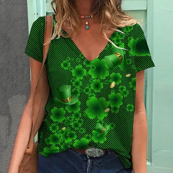 Новая летняя женская футболка с V-образным вырезом, зеленая футболка с принтом 
