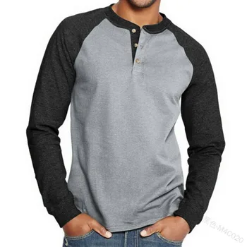 Мужская осенняя рубашка, повседневная модная футболка с длинным рукавом и круглым вырезом на пуговицах, Цветная блочная футболка