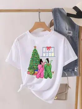 Женская модная рубашка с принтом Lady New Year с коротким рукавом, акварельная футболка с прекрасным деревом, Рождественская одежда, графическая футболка