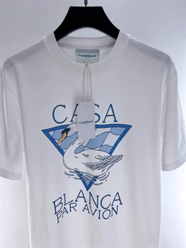 2023SS 
  Футболка Casablanca Для мужчин и женщин, футболки с коротким рукавом и принтом Лебедя, одежда в стиле хип-хоп