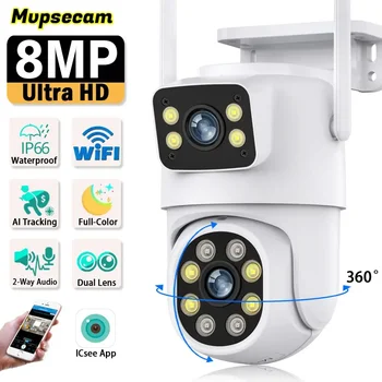 8-Мегапиксельная камера наблюдения, WiFi, наружная водонепроницаемая беспроводная камера безопасности, IP-камера с двойным объективом, AI Track iCSee