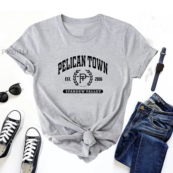 Футболка Stardew Valley в стиле колледжа, женская хлопковая футболка с коротким рукавом и круглым вырезом Pelican Town Gamer, футболки, одежда