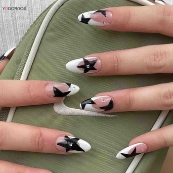 Французские накладные ногти с белыми кончиками и миндалем Y2K Black Star Designs Charm Fake Nail Full Cover Ballet Press on Nails Искусственный маникюр