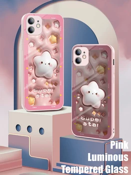 Милый Подарок Для девочек, Розовый Светодиодный Светящийся Чехол Для Телефона из Закаленного Стекла для iPhone 11 12 13 14 15 X Xs Xr Mini Pro Max Plus, Чехол