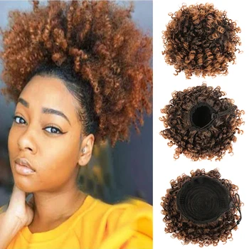 Синтетический короткий пучок для волос в стиле афро, Кудрявый конский хвост с завязками, заколка для наращивания волос, шиньоны для черных женщин