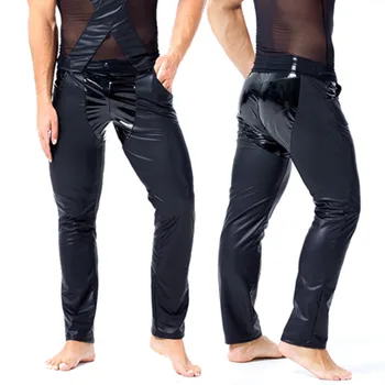 Мужские обтягивающие брюки из искусственной кожи, сексуальные обтягивающие брюки из лакированной кожи в стиле пэчворк, рок-шоу, экзотические латексные брюки Wetlook, леггинсы для клубной вечеринки