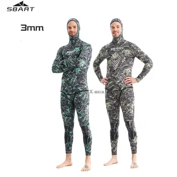 Камуфляжный гидрокостюм из неопрена толщиной 3 мм с капюшоном и длинным рукавом, 2 предмета, для подводного плавания, сохраняющий тепло, Водонепроницаемый Водолазный костюм