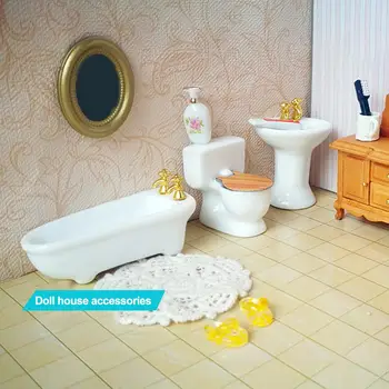 Кукольный домик Аксессуары для ванной комнаты Миниатюрный кукольный Домик Аксессуары для ванной Миниатюрный кукольный домик Набор аксессуаров Туалет Ванна для фото