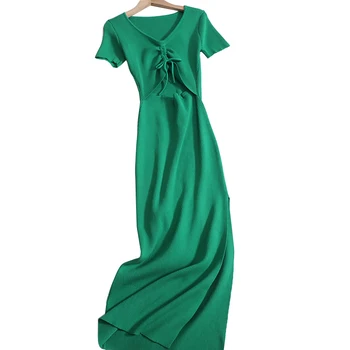 Вязаный женский летний халат, Новое сексуальное облегающее платье с короткими рукавами на завязках и сумкой с разрезом, юбка на бедрах Для женщин, длинные платья
