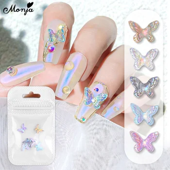 Monja 5 шт./упак. Украшения из страз для ногтей Aurora Butterfly Glitter Double Wings 3D Ювелирные изделия из смолы Аксессуары для маникюра своими руками