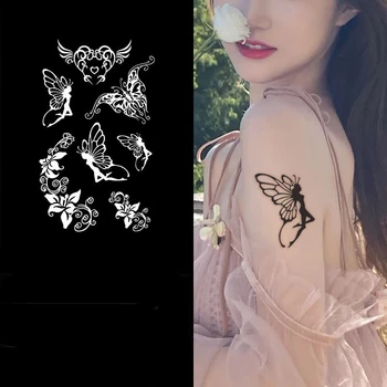 Поддельные татуировки для женщин Sweet Cool Butterfly Elves Heart Art Водонепроницаемые наклейки с татуировками в виде сока, Временная татуировка в виде цветка любви на теле