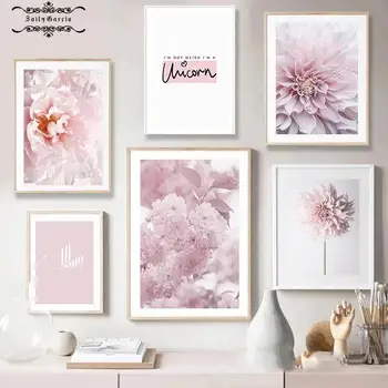 1шт Скандинавский минималистичный плакат с розовым цветком, Пион, вишня, Хризантема, цитаты, холст, настенные рисунки для дома