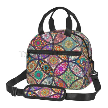 Богемная сумка для ланча с этническим цветочным утеплением Mandala, многоразовая термосумка для ланча с регулируемым ремешком для работы, пикника, пляжа
