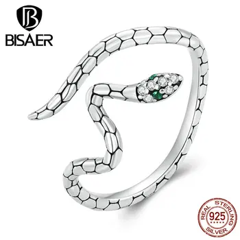 BISAER, серебро 925 пробы, Открывающее кольцо в виде змеи с зеленым цирконием, Нерегулярное Регулируемое кольцо для женщин, Оригинальные изысканные ювелирные изделия BSR347