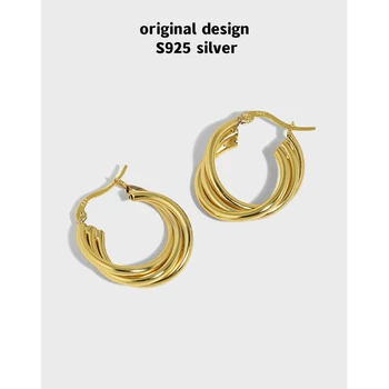 Оригинальные серьги из стерлингового серебра S925 пробы с тремя кольцами в виде круглой линии для женщин, роскошные модные банкетные украшения