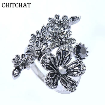 Женское кольцо с черным цветком, неоготическое панк-кольцо со стразами, винтажные украшения для рук, кольца для пальцев.